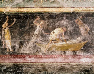 Romersk kunst: dommen over Bakenranef (Bocchoris), konge av Egypt - detalj av fresken på frisen i rom C, Villa Farnesina (Romersk kunst: dommen over kong Bocchoris, fra frisen i rom C, Villa Farnesina), Roma, Museo Nazionale Romano