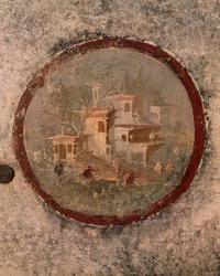 Rund med hus og bygninger, detalj av freskomaleri fra House of Centenary, Pompeii, Campania, romersk sivilisasjon