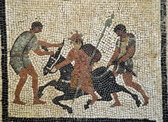 Beruset Silenos: Den berusede Silenos rir på et esel som holdes av to tjenere. Mosaikk fra Pompeii, huset til Paquius Proculus eller C. Cuspius Pansa. Det nasjonale arkeologiske museum i Napoli, Italia. Foto Patrice Cartier.