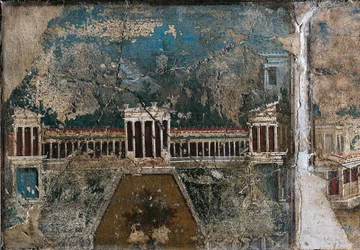 Tredje stilfreskomaleri som viser arkitektonisk landskap, detalj av bygningen avgrenset av søylegang, fra Pompei