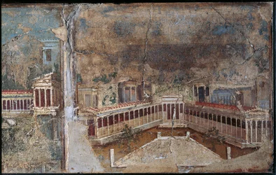 Tredje stilfresko som viser arkitektonisk landskap, detalj av søylegang, fra Pompeii