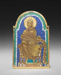 Plaque: Seated Prophet from a Reliquary Shrine: Osea (Hosea), c.1170-1180 (gilded copper, champlevé enamel)