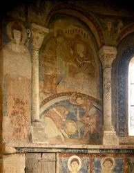 Romansk kunst: Maleri som viser martyren til Saint Laurent (1103-1130). Fresco. Chapel of the Chateau des Moines, Berze-la-Ville (Berze-la-Ville i Saone og Loire, Burgund), Frankrike.