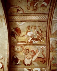 Romansk kunst: interiør i klosteret Saint-Savin-sur-Gartempe (Saint Savin sur Gartempe) i Vienne (Frankrike), grunnlagt av Karl den store (1060-1115). Veggmaleri i taket rundt 1100. Freske.