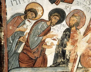 Romansk kunst: "" apostlene Philip, Barthelemy og Andre "" Fresco of the Vote of the Cene, Church of St. Isidore 12. århundre Real Colegiata of San Isidoro, Leon
