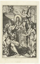 Allegorisk frontispice med portrett av William III Voyage de sa Majeste Britannique en Hollande (tittel på objekt)
