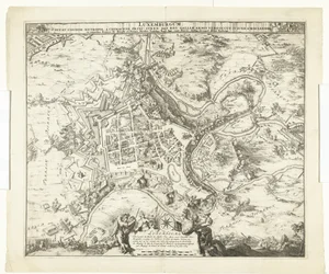Bombardement av Luxemburg fra maarschalk de Créquy, 1684 Luxemburg, leder. etternavn metropol en chimacens-prins stren def. reg. Men Gaulske armer okkuperte ham. 4. juni Ao. 8834 (tittel på objekt)
