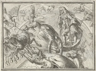 Karikatur som fremstiller Ludvig XIV som Apollon i vognen sin, 1701