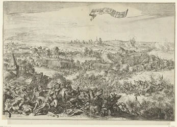Slaget ved Seneffe, 1674 Seer rasende Attacque forvandles til en Bataille mellom Armies of the Geallie. en der Fransen (tittel på objekt) Beskrivelse av Furieuse Attacque der Franssen, On the Bagagie of the Army of the Allies: Blir til en sc.