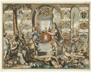 Titteltrykk Caartboeck van Voorne, 1701 Voorne Caart-Boeck av alle landsbyer, og poldere lokalisert Inden Lande van Oost, ende West Voorne (...) 7. juni 1695. Som da Bailliuw ende Leenmannen var de ovennevnte og de tilstøtende Lords. (tittel på objekt)