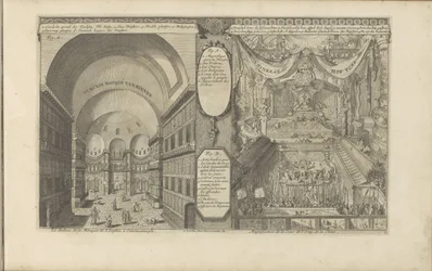 tyrkisk moske i Konstantinopel; Keizerlijkhof i Kina Turksche håner van binnen / Interiøret i S. Sophia-moskeen, i Konstantinopel // Kinesisk Hof Pomp / Prakt ved domstolen i Emp. fra Kina. (tittel på objekt) Øst-India og O