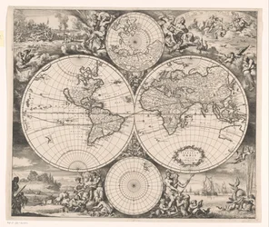 Verdenskart med en allegori over de fire elementene. Nova totius terrarum orbis tabula (tittel på objektet)