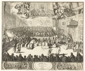 Zitting van het Lagerhuis met koningin Anna op de troon, 1702 Anna, DG for dronningen av Storbritannia, ut et Magnatum Proceorum i Anglia Confessus (tittel på objekt)