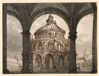 Scenedesign, Atrium med Hospitallernes tempel for Operaen "La Straniera" av Vincenzo Bellini