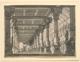 Scenedesign, sal i et babylonsk palass for operaen "Ciro in Babylonia" av Gioacchino Rossini