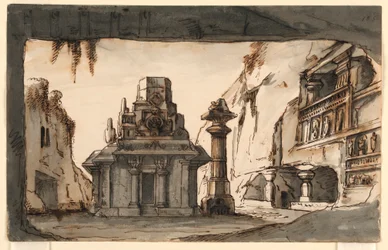 Scenedesign, orientalske bygninger blant huler og steiner