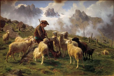 En alpegjeter gir salt til sauene sine. Maleri av Rosa Bonheur (1822-1899), 1864. H. 0,68 x 1 m. Chantilly, Musée Condé