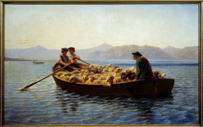 Skifte av beite. Gjetere laster saueflokken om bord for å føre den til den andre bredden