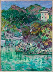 Utsikt over San Fruttuoso, nær Camogli (olje på lerret