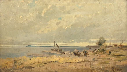 Strandlandskap med båter