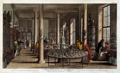 Interiørbilde av en Wedgwood-porselensbutikk i London Litografi av R. Ackermann