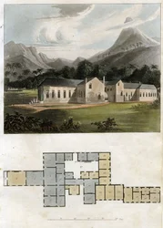 Utsikt og plan over Longwood House, St. Helena: Napoleon Bonapartes residens