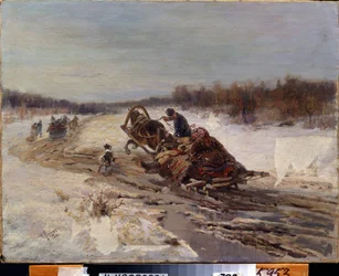 Fastelavn. En mann og en kvinne synger og smiler i en slede. De feirer tiden før fasten begynner, da man spiser fet mat. Maleri av Rudolf Ferdinandovitsj Frenz (1831-1918)