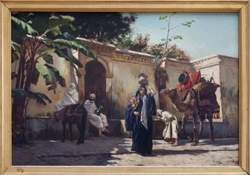 Marokkansk scene, oljemaleri på tre av Rudolph (eller Rudolphe) Ernst (1854-1932), scene for dagliglivet rundt en fontene. Fotografi, KIM Youngtae, Nantes, Musee des Beaux Art de Nantes.