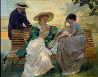God tid: "The talk"" Gruppe av borgerlige leser på en benk av Rupert Bunny (1864-1947) 1885