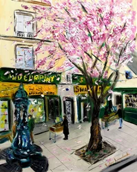 Kirsebærblomster hos Shakespeare and Co Paris - med gullutsmykning, 2023 (olje på lerret)