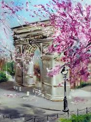 Kirsebærblomster i Washington Square Park New York, 2022 (olje på lerret)
