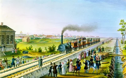 Åpning av den første jernbanelinjen fra St. Petersburg til Pavlovsk, Russland, 1830-årene.