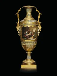 En Alexander II vase i porselen og bladgull med to håndtak, malt med en skolestuescene etter B, 1866