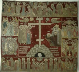 Jomfruens utseende til St. Sergius, 1525 (gull, sølv og silketråd, satt med perler og rubiner i gullbeslag)
