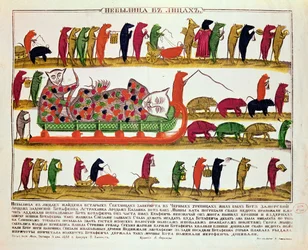 Begravelse av en katt av musene, karikatur av tsar Peter den store (1672-1725) 1850