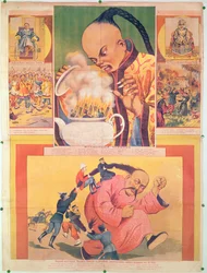 Russisk humorplakat som satiriserer europeerne i Kina, trykt i Moskva, Russland, 1900