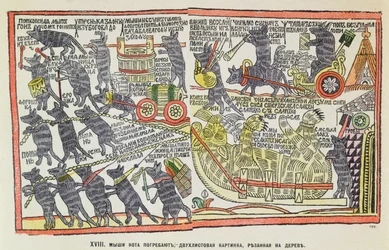 Begravelsesprosesjon av mus for en død katt, karikatur om begravelsen av Peter den store, 1860 (populært tresnitt i farger)