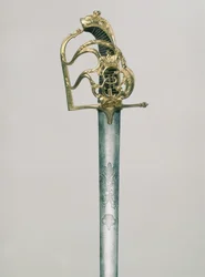 Offiserers bredsverd gravert med en dobbelthodet ørn med figuren til St. George under den keiserlige kronen, festet dekorert med monogram av Katarina II 1729-96), Russland, 1700-tallet (stål, brons