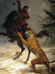 Sibirsk tiger angriper en kosakk