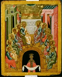 The Descent of the Holy Spirit, russisk ikon fra katedralen St. Sophia, Novgorod-skolen, 1400-tallet (tempera på lerret)