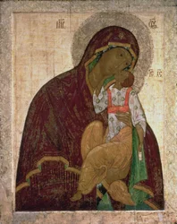 Yakhroma Madonna of Ydmykhet, russisk ikon, muligens School of Pskov (tempera på panel)