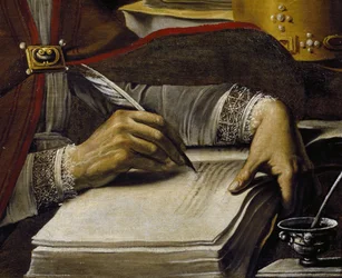 Hender, skrift med fjærpenn, detalj av Saint Ambrouse, av Rutilio Manetti (1571-1639), olje på lerret, 67x89 cm