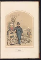 Klederdracht van Bunschoten in Utrecht, 1857 Provincie Utrecht. Bunschooten / XXI (title on object)   1374143   no       norwegian Successfully Translated  Original: Two Women in Day Dresses: Preparatory drawing for a fashion plate from..., October 19, 188