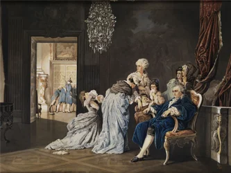 De siste timene til den franske kongefamilien (Louis XVI og Marie Antoinette) i Louvre før de revolusjonære brøt inn. Akvarellmaling/gouache på papp. 38x51 cm. Monogram "SG" og datert "1877" nede til høyre