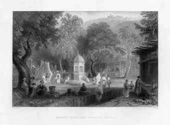 En markedsscene og en fontene i Antiokia, Tyrkia, 1841.