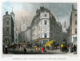 Cornhill og Lombard Street fra Poultry, City of London, 1830.