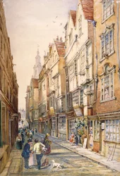 Bygninger i Wych Street, inkludert Rising Sun Tavern, Westminster, London, c1860