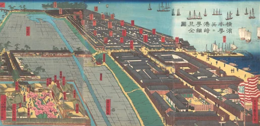 Detaljert trykk av Yokohama Hon-cho og Miyozaki Pleasure Quarter, 4. måned. 1860.