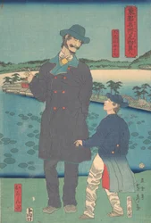 Nederlender og barn ser på Benten-helligdommen ved Shinobazu-dammen, 7. måned, 1861