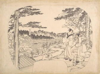 To kvinner som beundrer severdighetene fra et utsiktspunkt ... Zenpukuji-tempelet, 1800-tallet.
